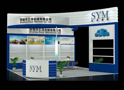 36平米展臺設(shè)計制作：三面開口/現(xiàn)代/木質(zhì)結(jié)構(gòu)/藍(lán)色，為機(jī)械展展商而作（免費(fèi)使用）