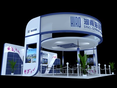 76.5平米展臺設(shè)計制作：四面開口/現(xiàn)代/木質(zhì)結(jié)構(gòu)/藍色，為汽配展展商而作（免費使用）