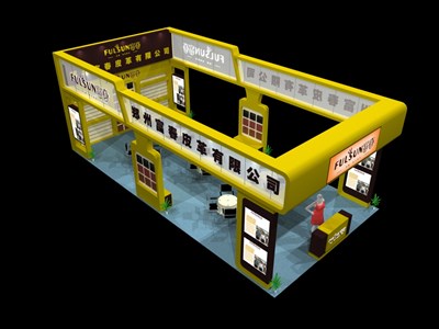 72平米展臺設(shè)計制作：三面開口/現(xiàn)代/木質(zhì)結(jié)構(gòu)/黃色，為汽配展展商而作（免費使用）