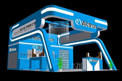 63平米展臺設計制作：三面開口/前衛(wèi)/木質結構/藍色，為電子展展商而作（免費使用）