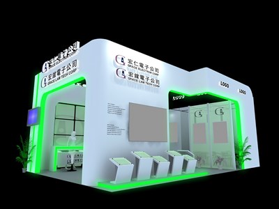 54平米展臺(tái)設(shè)計(jì)制作：二面開口/現(xiàn)代/木質(zhì)結(jié)構(gòu)/綠色，為電子展展商而作（免費(fèi)使用）