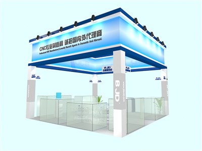 36平米展臺設(shè)計(jì)制作：四面開口/現(xiàn)代/木質(zhì)結(jié)構(gòu)/藍(lán)色，為綜合展展商而作（免費(fèi)使用）