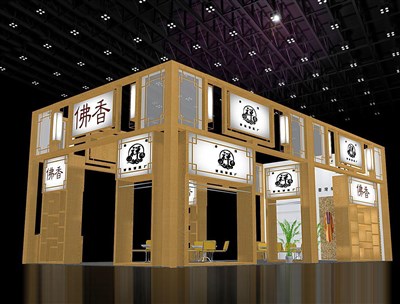72平米展臺設(shè)計制作：三面開口/中式/木質(zhì)結(jié)構(gòu)/米色，為綜合展展商而作（免費使用）