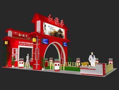 72平米展臺(tái)設(shè)計(jì)制作：四面開口/中式/木質(zhì)結(jié)構(gòu)/紅色，為糖酒展展商而作（免費(fèi)使用）