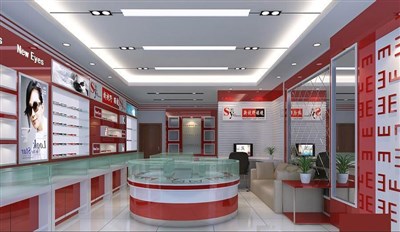 50平米展廳設(shè)計制作：現(xiàn)代/紅色，產(chǎn)品類展廳-眼鏡店（免費使用）