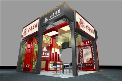 36平米展臺設(shè)計制作：三面開口/中式/木質(zhì)結(jié)構(gòu)/灰色，為糖酒展展商而作（免費使用）