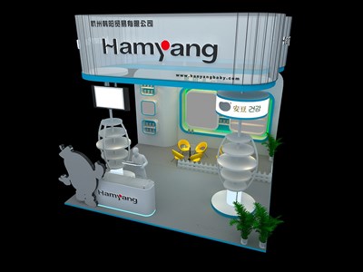 36平米展臺設計制作：三面開口/現(xiàn)代/木質結構/白色，為嬰幼展展商而作（免費使用）