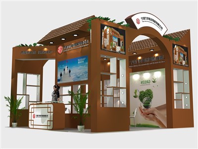 36平米展臺(tái)設(shè)計(jì)制作：三面開口/中式/木質(zhì)結(jié)構(gòu)/咖啡色，為電子展展商而作（免費(fèi)使用）