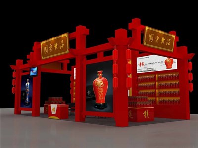 72平米展臺(tái)設(shè)計(jì)制作：三面開口/中式/木質(zhì)結(jié)構(gòu)/紅色，為糖酒展展商而作（免費(fèi)使用）