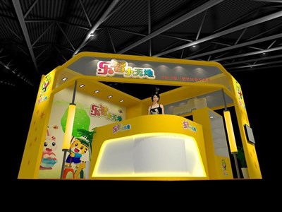 36平米展臺(tái)設(shè)計(jì)制作：一面開口/現(xiàn)代/木質(zhì)結(jié)構(gòu)/黃色，為嬰幼展展商而作（免費(fèi)使用）