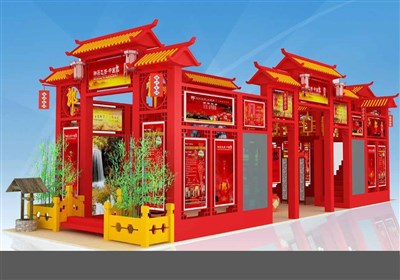 120平米展臺設(shè)計(jì)制作：四面開口/中式/木質(zhì)結(jié)構(gòu)/紅色，為糖酒展展商而作（免費(fèi)使用）