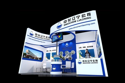 18平米展臺(tái)設(shè)計(jì)制作：二面開口/現(xiàn)代/型材結(jié)構(gòu)/藍(lán)色，為化工展展商而作（免費(fèi)使用）