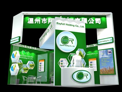 27平米展臺(tái)設(shè)計(jì)制作：二面開(kāi)口/現(xiàn)代/木質(zhì)結(jié)構(gòu)/綠色，為化工展展商而作（免費(fèi)使用）