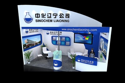 18平米展臺設(shè)計制作：一面開口/現(xiàn)代/木質(zhì)結(jié)構(gòu)/藍色，為化工展展商而作（免費使用）