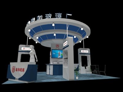36平米展臺設(shè)計(jì)制作：四面開口/現(xiàn)代/木質(zhì)結(jié)構(gòu)/藍(lán)色，為綜合展展商而作（免費(fèi)使用）