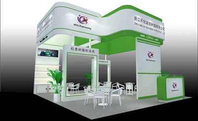 42平米展臺設計制作：四面開口/現代/木質結構/綠色，為化工展展商而作（免費使用）