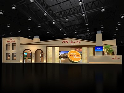 360平米展臺設(shè)計制作：一面開口/中式/木質(zhì)結(jié)構(gòu)/黃色，為房產(chǎn)展展商而作（免費使用）