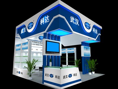 64平米展臺設計制作：三面開口/現(xiàn)代/木質(zhì)結構/藍色，為化工展展商而作（免費使用）