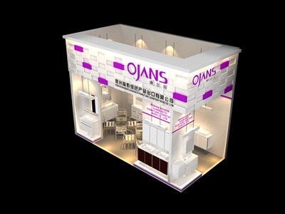 15平米展臺設計制作：二面開口/現(xiàn)代/型材結(jié)構/紫色，為家電展展商而作（免費使用）