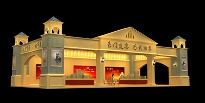 90平米展臺設計制作：三面開口/歐式/木質結構/米色，為房產展展商而作（免費使用）