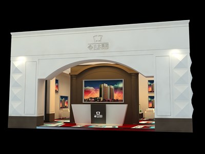 72平米展臺(tái)設(shè)計(jì)制作：二面開口/歐式/木質(zhì)結(jié)構(gòu)/灰色，為房產(chǎn)展展商而作（免費(fèi)使用）