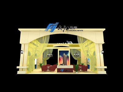 90平米展臺(tái)設(shè)計(jì)制作：二面開口/歐式/木質(zhì)結(jié)構(gòu)/米色，為房產(chǎn)展展商而作（免費(fèi)使用）