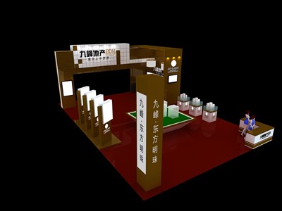 56平米展臺設(shè)計制作：四面開口/現(xiàn)代/木質(zhì)結(jié)構(gòu)/咖啡色，為房產(chǎn)展展商而作（免費使用）