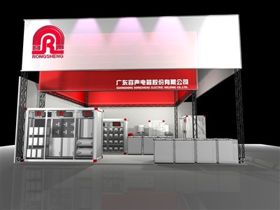 81平米展臺設計制作：二面開口/現(xiàn)代/型材結(jié)構/紅色，為家電展展商而作（免費使用）