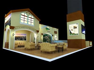 63平米展臺設(shè)計制作：三面開口/歐式/木質(zhì)結(jié)構(gòu)/咖啡色，為房產(chǎn)展展商而作（免費(fèi)使用）
