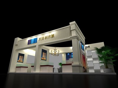 80平米展臺設(shè)計(jì)制作：二面開口/歐式/型材結(jié)構(gòu)/灰色，為房產(chǎn)展展商而作（免費(fèi)使用）