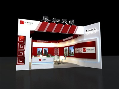 42平米展臺設(shè)計制作：二面開口/中式/木質(zhì)結(jié)構(gòu)/紅色，為房產(chǎn)展展商而作（免費(fèi)使用）