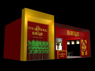 40平米展臺設(shè)計制作：二面開口/中式/木質(zhì)結(jié)構(gòu)/紅色，為房產(chǎn)展展商而作（免費(fèi)使用）