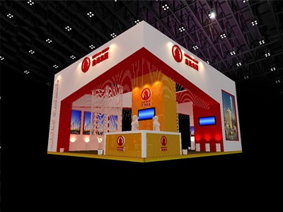 48平米展臺設計制作：三面開口/中式/木質(zhì)結(jié)構(gòu)/紅色，為房產(chǎn)展展商而作（免費使用）