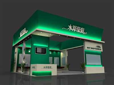 90平米展臺設(shè)計制作：三面開口/前衛(wèi)/型材結(jié)構(gòu)/綠色，為房產(chǎn)展展商而作（免費使用）