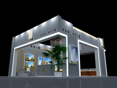 64平米展臺設(shè)計制作：三面開口/前衛(wèi)/木質(zhì)結(jié)構(gòu)/灰色，為房產(chǎn)展展商而作（免費使用）