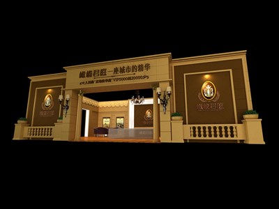 84平米展臺設(shè)計制作：三面開口/歐式/木質(zhì)結(jié)構(gòu)/咖啡色，為房產(chǎn)展展商而作（免費(fèi)使用）
