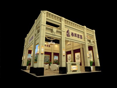 110平米展臺(tái)設(shè)計(jì)制作：二面開口/歐式/木質(zhì)結(jié)構(gòu)/米色，為房產(chǎn)展展商而作（免費(fèi)使用）