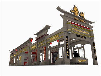 216平米展臺設(shè)計(jì)制作：四面開口/中式/木質(zhì)結(jié)構(gòu)/灰色，為旅游展展商而作（免費(fèi)使用）