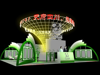 100平米展臺設(shè)計制作：四面開口/前衛(wèi)/型材結(jié)構(gòu)/綠色，為旅游展展商而作（免費使用）