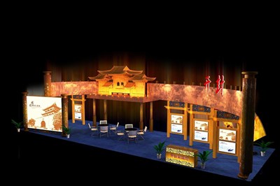 108平米展臺(tái)設(shè)計(jì)制作：四面開口/中式/木質(zhì)結(jié)構(gòu)/咖啡色，為旅游展展商而作（免費(fèi)使用）