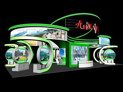 198平米展臺設計制作：四面開口/前衛(wèi)/型材結構/綠色，為旅游展展商而作（免費使用）