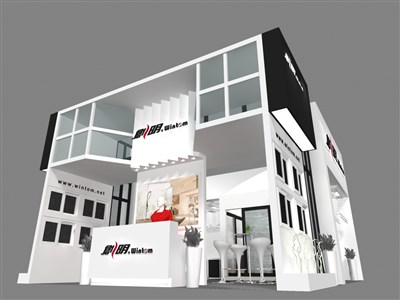 42平米展臺設(shè)計制作：二面開口/現(xiàn)代/型材結(jié)構(gòu)/白色，為建材展展商而作（免費使用）