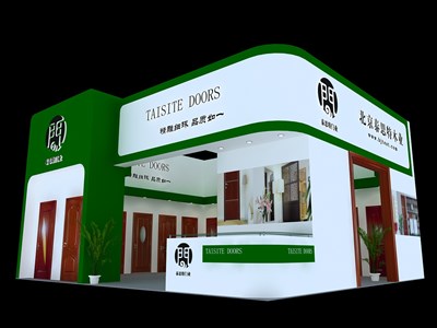 72平米展臺設(shè)計(jì)制作：二面開口/現(xiàn)代/木質(zhì)結(jié)構(gòu)/綠色，為建材展展商而作（免費(fèi)使用）