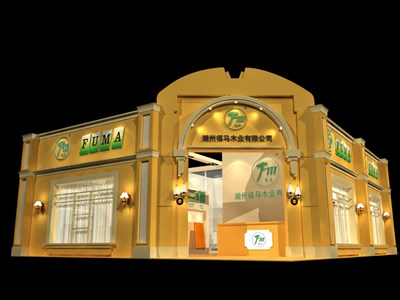 99平米展臺設(shè)計制作：二面開口/歐式/木質(zhì)結(jié)構(gòu)/米色，為建材展展商而作（免費使用）