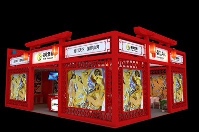 108平米展臺設(shè)計制作：二面開口/中式/木質(zhì)結(jié)構(gòu)/紅色，為建材展展商而作（免費(fèi)使用）