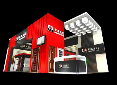 72平米展臺設(shè)計制作：二面開口/現(xiàn)代/木質(zhì)結(jié)構(gòu)/紅色，為建材展展商而作（免費使用）