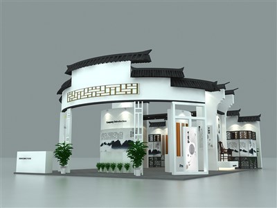 100平米展臺(tái)設(shè)計(jì)制作：三面開口/中式/木質(zhì)結(jié)構(gòu)/白色，為建材展展商而作（免費(fèi)使用）