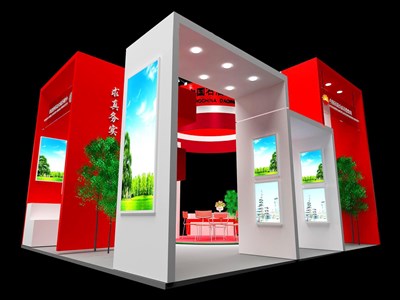 36平米展臺(tái)設(shè)計(jì)制作：三面開(kāi)口/現(xiàn)代/木質(zhì)結(jié)構(gòu)/紅色，為綜合展展商而作（免費(fèi)使用）