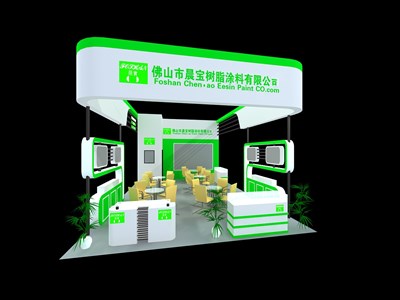 54平米展臺(tái)設(shè)計(jì)制作：三面開(kāi)口/現(xiàn)代/木質(zhì)結(jié)構(gòu)/綠色，為建材展展商而作（免費(fèi)使用）