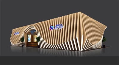 360平米展臺設計制作：三面開口/前衛(wèi)/木質(zhì)結構/米色，為建材展展商而作（免費使用）